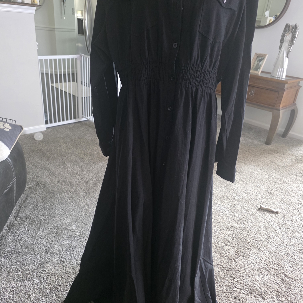 Classic Black Maxi Shirt Dress with Shirred Waist